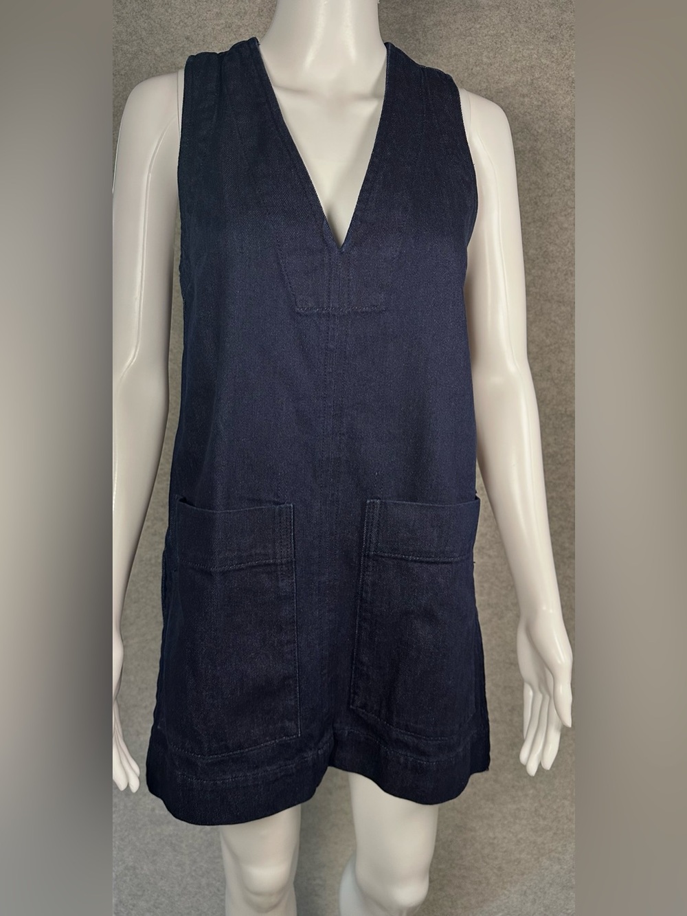 TOAST Denim Utility Pinafore Mini Dress Tunic V-Neck Sleeveless Blue Pocket 4